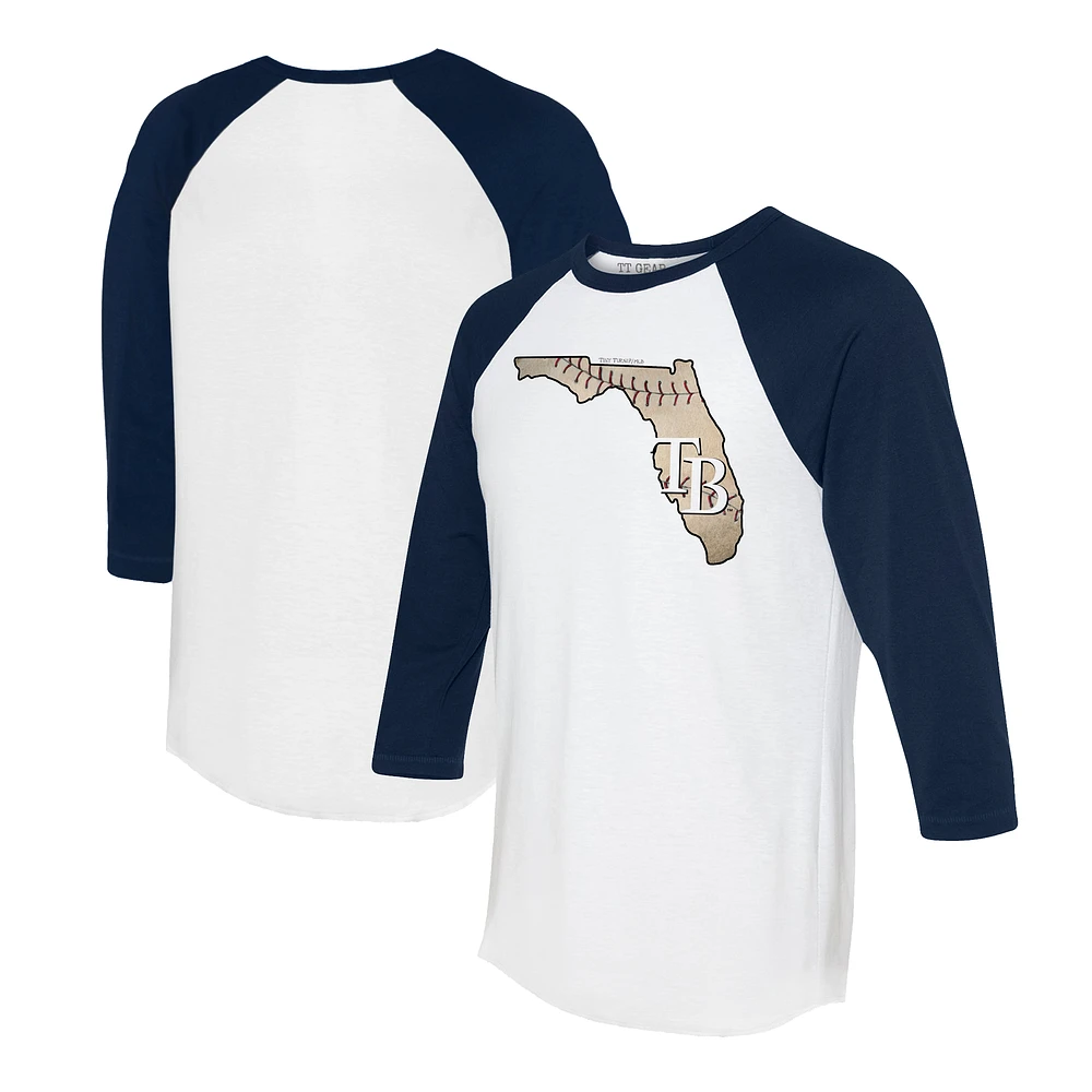 Unisex Tiny Turnip White/Navy Tampa Bay Rays State Outline 3/4-Sleeve Raglan T-Shirt