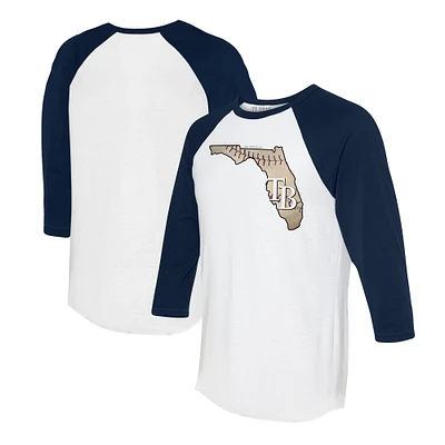 Unisex Tiny Turnip White/Navy Tampa Bay Rays State Outline 3/4-Sleeve Raglan T-Shirt