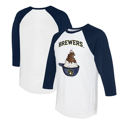 Unisex Tiny Turnip White/Navy Milwaukee Brewers Sundae Helmet 3/4-Sleeve Raglan T-Shirt
