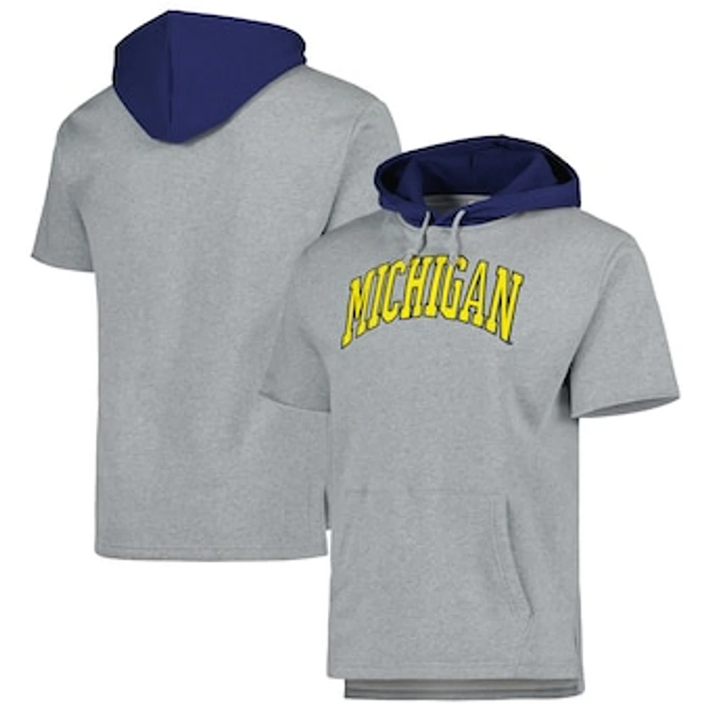 Men's Mitchell & Ness Heather Gray Michigan Wolverines Postgame Short Sleeve Pullover Hoodie