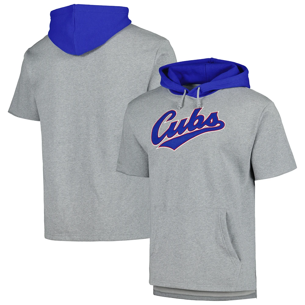 Men's Mitchell & Ness Heather Gray Chicago Cubs Postgame Short Sleeve Pullover Hoodie