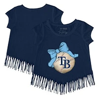 Girls Toddler Tiny Turnip Navy Tampa Bay Rays Baseball Bow Fringe T-Shirt