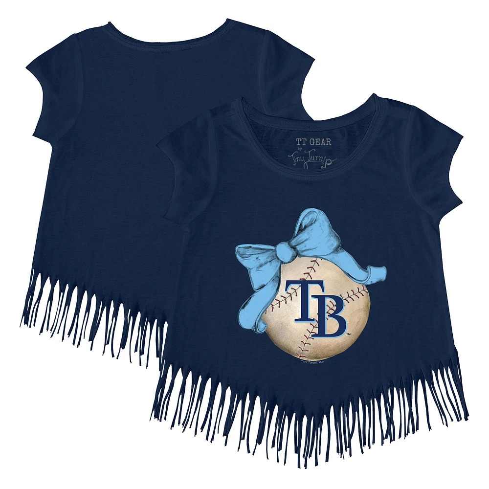 Girls Toddler Tiny Turnip Navy Tampa Bay Rays Baseball Bow Fringe T-Shirt