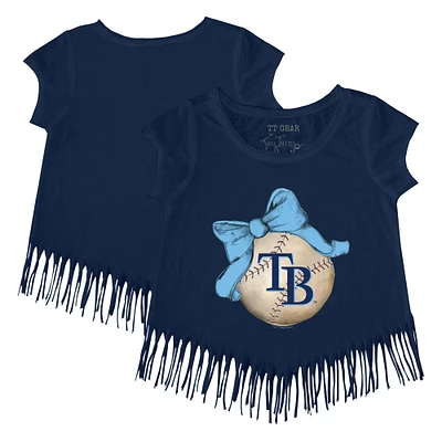 Girls Toddler Tiny Turnip Navy Tampa Bay Rays Baseball Bow Fringe T-Shirt