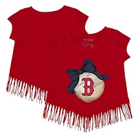Girls Toddler Tiny Turnip Red Boston Sox Baseball Bow Fringe T-Shirt