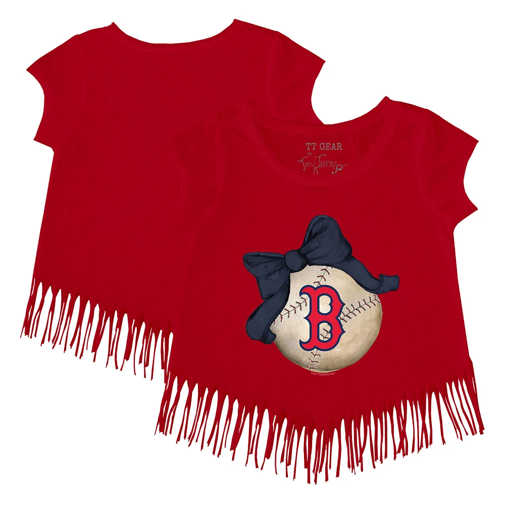 Girls Toddler Tiny Turnip Red Boston Sox Baseball Bow Fringe T-Shirt