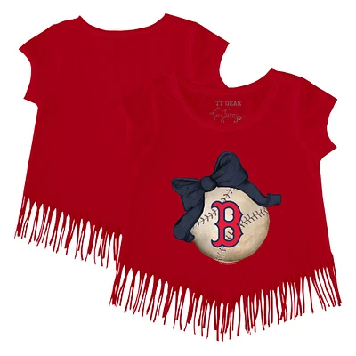 Girls Toddler Tiny Turnip Red Boston Sox Baseball Bow Fringe T-Shirt