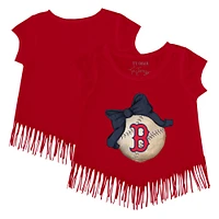 Girls Toddler Tiny Turnip Red Boston Sox Baseball Bow Fringe T-Shirt