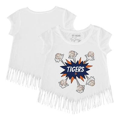Girls Toddler Tiny Turnip White Detroit Tigers Baseball Pow Fringe T-Shirt
