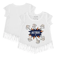 Girls Toddler Tiny Turnip White Houston Astros Baseball Pow Fringe T-Shirt