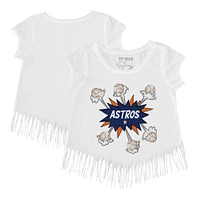 Girls Toddler Tiny Turnip White Houston Astros Baseball Pow Fringe T-Shirt