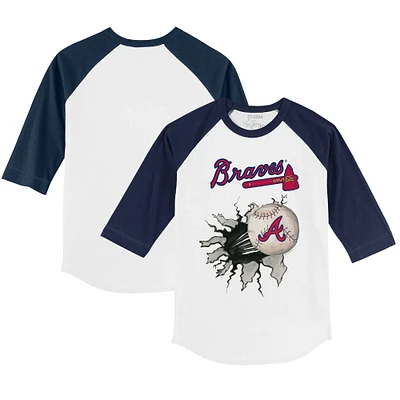 Toddler Tiny Turnip White/Navy Atlanta Braves Baseball Tear 3/4-Sleeve Raglan T-Shirt