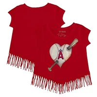 Girls Toddler Tiny Turnip Red Los Angeles Angels Heart Bat Fringe T-Shirt