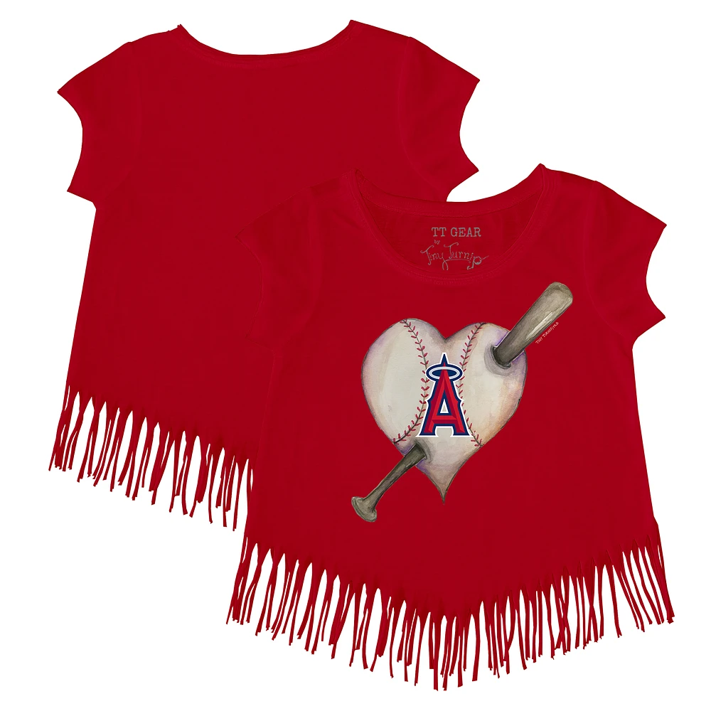 Girls Toddler Tiny Turnip Red Los Angeles Angels Heart Bat Fringe T-Shirt