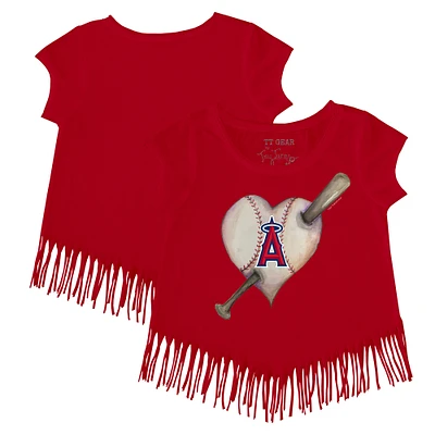 Girls Toddler Tiny Turnip Red Los Angeles Angels Heart Bat Fringe T-Shirt