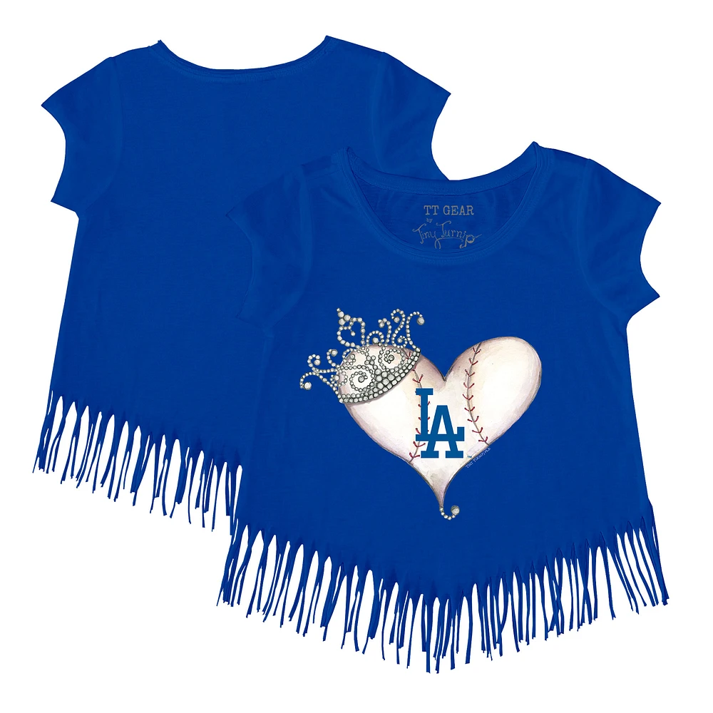 Girls Toddler Tiny Turnip Royal Los Angeles Dodgers Tiara Heart Fringe T-Shirt