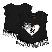 Girls Toddler Tiny Turnip Black Miami Marlins Tiara Heart Fringe T-Shirt