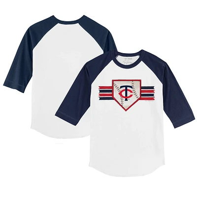 Youth Tiny Turnip White/Navy Minnesota Twins Base Stripe 3/4-Sleeve Raglan T-Shirt