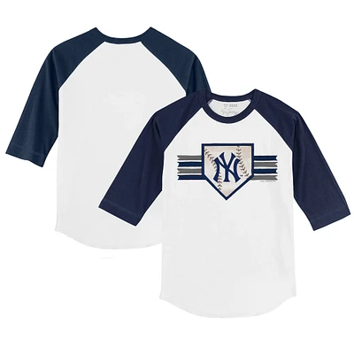 Youth Tiny Turnip White/Navy New York Yankees Base Stripe 3/4-Sleeve Raglan T-Shirt