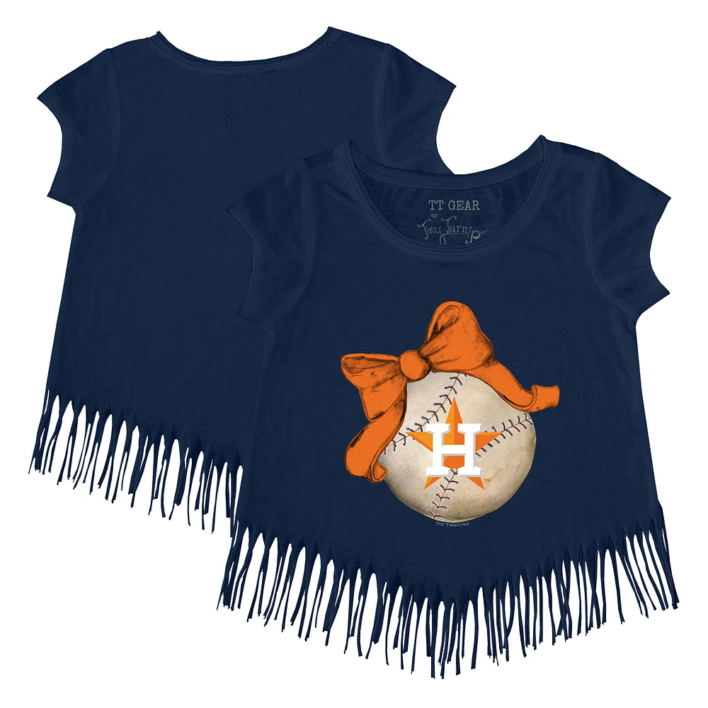Girls Youth Tiny Turnip Navy Houston Astros Baseball Bow Fringe T-Shirt