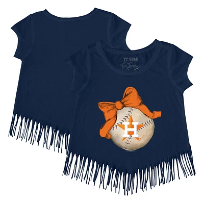 Girls Youth Tiny Turnip Navy Houston Astros Baseball Bow Fringe T-Shirt