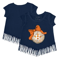 Girls Youth Tiny Turnip Navy Houston Astros Baseball Bow Fringe T-Shirt