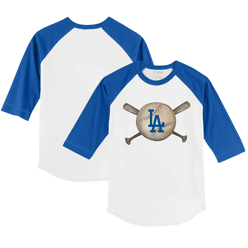 Youth Tiny Turnip White/Royal Los Angeles Dodgers Baseball Cross Bats 3/4-Sleeve Raglan T-Shirt