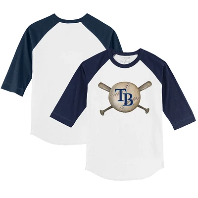 Youth Tiny Turnip White/Navy Tampa Bay Rays Baseball Cross Bats 3/4-Sleeve Raglan T-Shirt