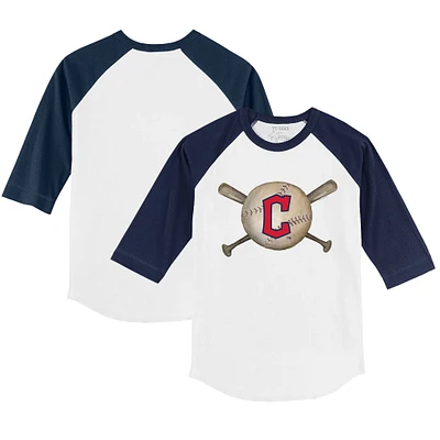 Youth Tiny Turnip White/Navy Cleveland Guardians Baseball Cross Bats 3/4-Sleeve Raglan T-Shirt
