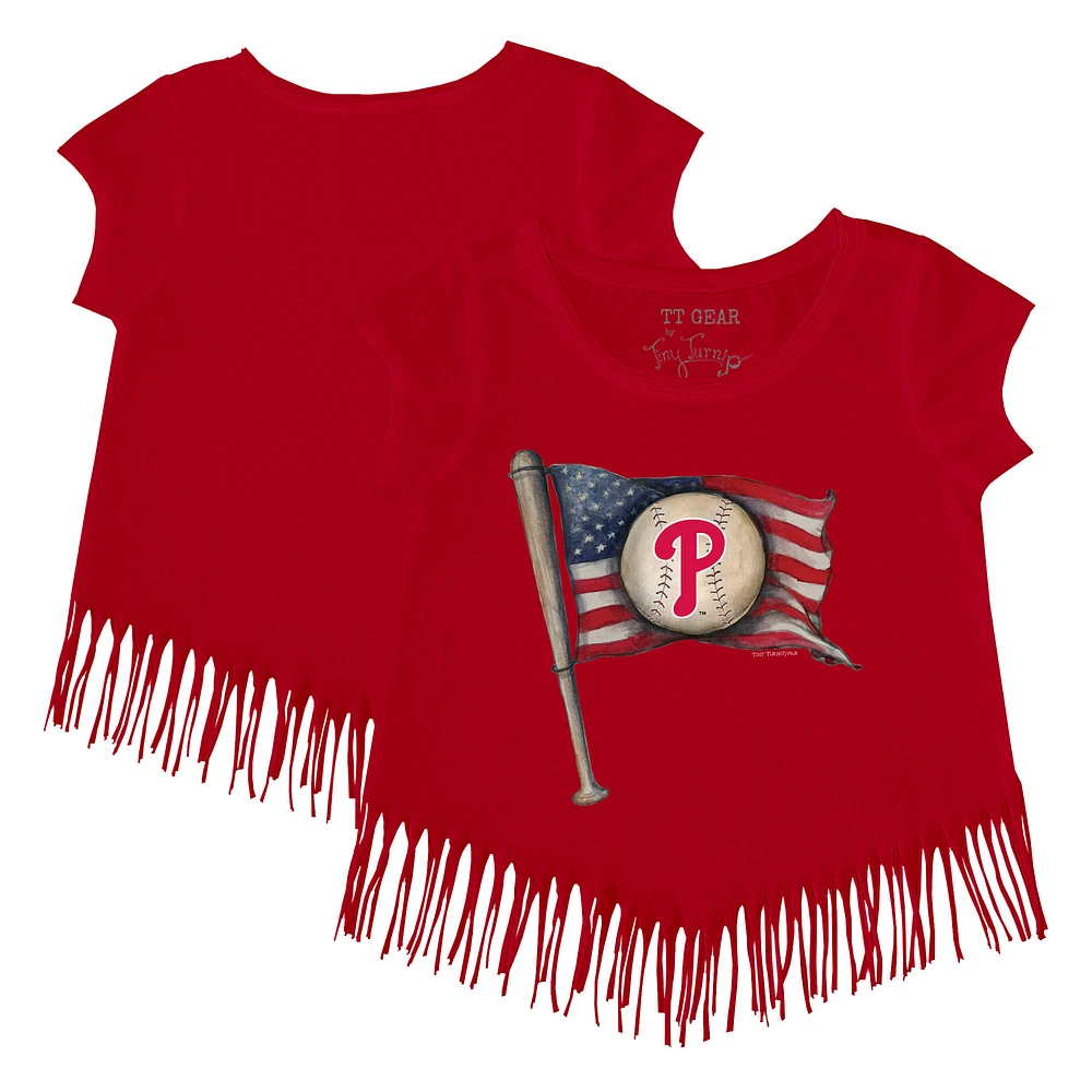 Girls Youth Tiny Turnip Red Philadelphia Phillies Baseball Flag Fringe T-Shirt