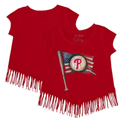 Girls Youth Tiny Turnip Red Philadelphia Phillies Baseball Flag Fringe T-Shirt