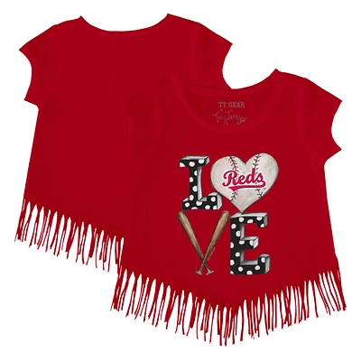 Girls Youth Tiny Turnip Red Cincinnati Reds Baseball Love Fringe T-Shirt