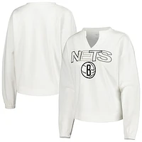 Women's Concepts Sport  White Brooklyn Nets Sunray Notch Neck Long Sleeve T-Shirt