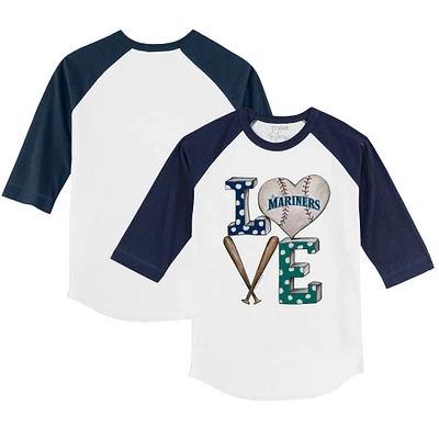 Youth Tiny Turnip White/Navy Seattle Mariners Baseball Love 3/4-Sleeve Raglan T-Shirt