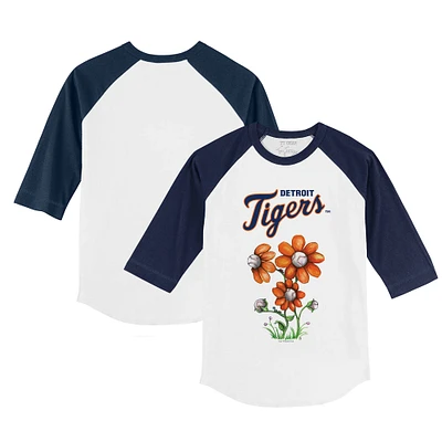 Youth Tiny Turnip White/Navy Detroit Tigers Blooming Baseballs 3/4-Sleeve Raglan T-Shirt
