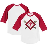 Youth Tiny Turnip White/Red Philadelphia Phillies Diamond Cross Bats 3/4-Sleeve Raglan T-Shirt