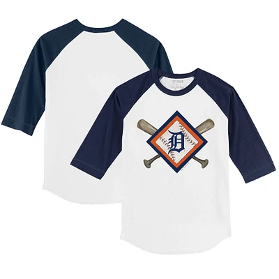 Youth Tiny Turnip White/Navy Detroit Tigers Diamond Cross Bats 3/4-Sleeve Raglan T-Shirt