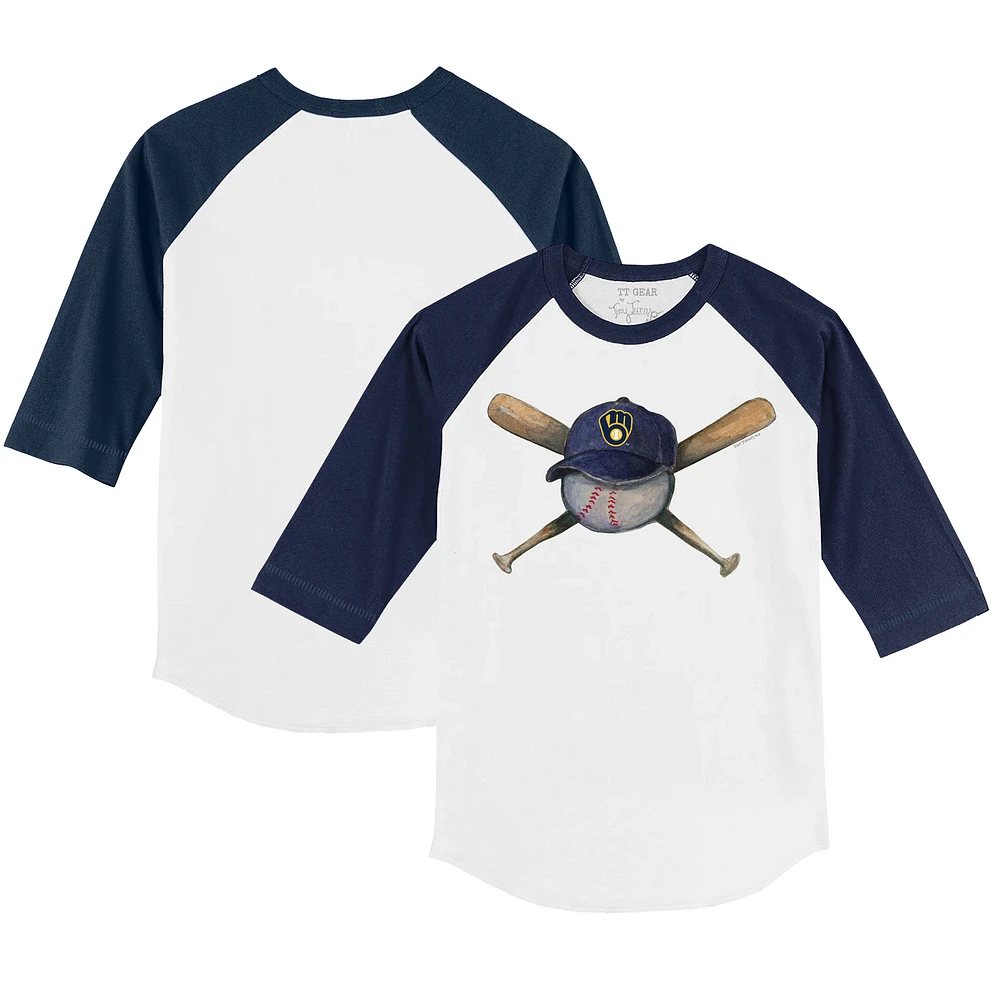 Youth Tiny Turnip White/Navy Milwaukee Brewers Hat Crossbats 3/4-Sleeve Raglan T-Shirt