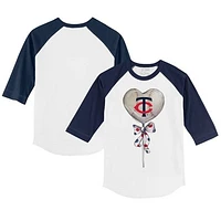 Youth Tiny Turnip White/Navy Minnesota Twins Heart Lolly 3/4-Sleeve Raglan T-Shirt