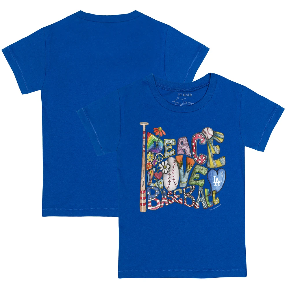 Youth Tiny Turnip Royal Los Angeles Dodgers Peace Love Baseball T-Shirt