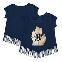 Girls Youth Tiny Turnip Navy Detroit Tigers State Outline Fringe T-Shirt