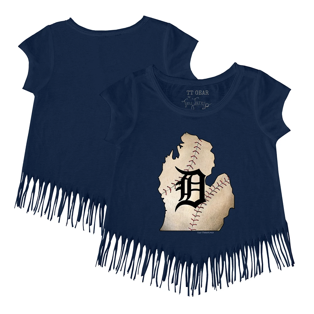 Girls Youth Tiny Turnip Navy Detroit Tigers State Outline Fringe T-Shirt