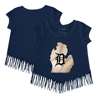 Girls Youth Tiny Turnip Navy Detroit Tigers State Outline Fringe T-Shirt