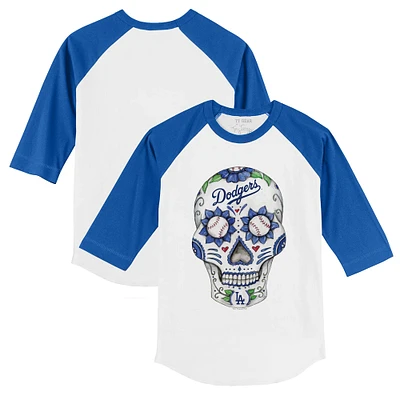Youth Tiny Turnip White/Royal Los Angeles Dodgers Sugar Skull 3/4-Sleeve Raglan T-Shirt