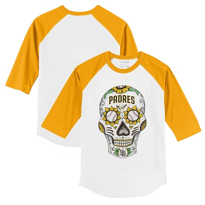 Youth Tiny Turnip White/Gold San Diego Padres Sugar Skull 3/4-Sleeve Raglan T-Shirt