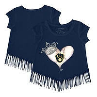 Girls Youth Tiny Turnip Navy Milwaukee Brewers Tiara Heart Fringe T-Shirt