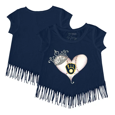 Girls Youth Tiny Turnip Navy Milwaukee Brewers Tiara Heart Fringe T-Shirt
