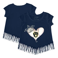 Girls Youth Tiny Turnip Navy Milwaukee Brewers Tiara Heart Fringe T-Shirt