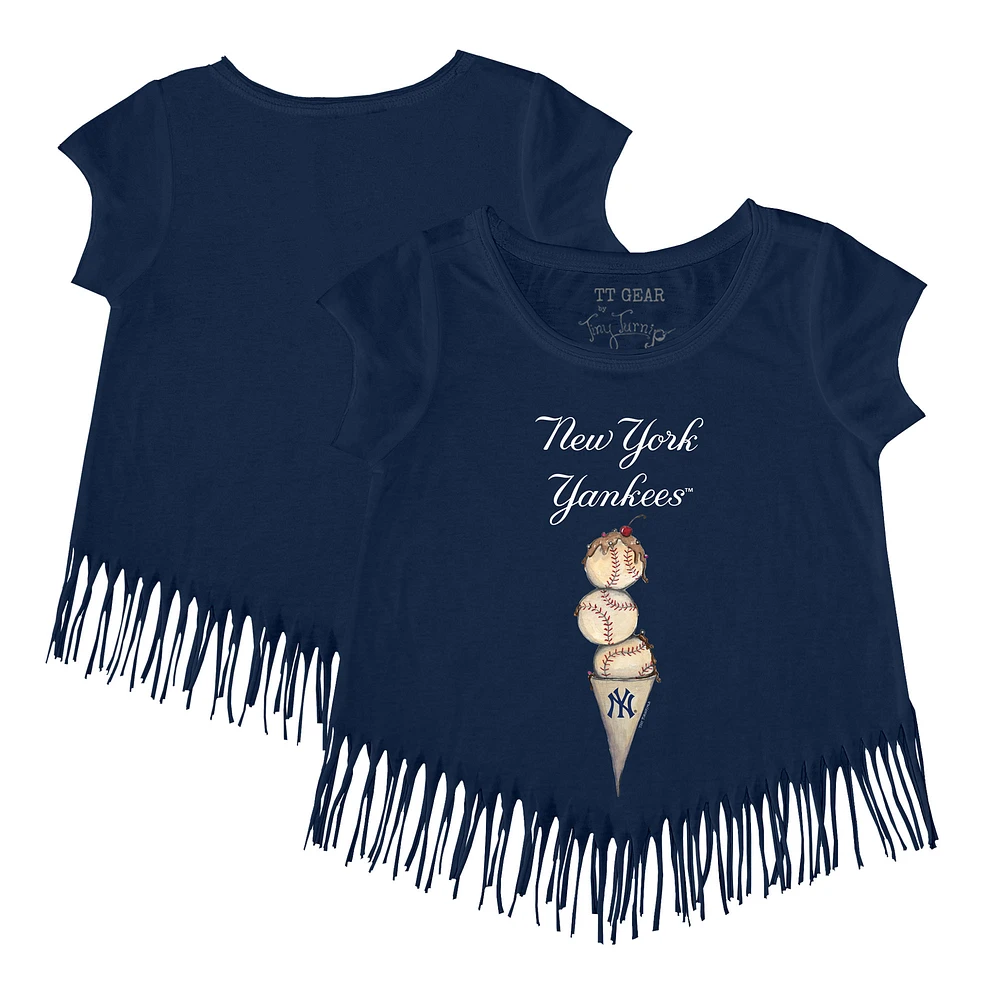 Girls Youth Tiny Turnip Navy New York Yankees Triple Scoop Fringe T-Shirt
