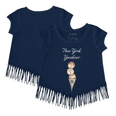 Girls Youth Tiny Turnip Navy New York Yankees Triple Scoop Fringe T-Shirt